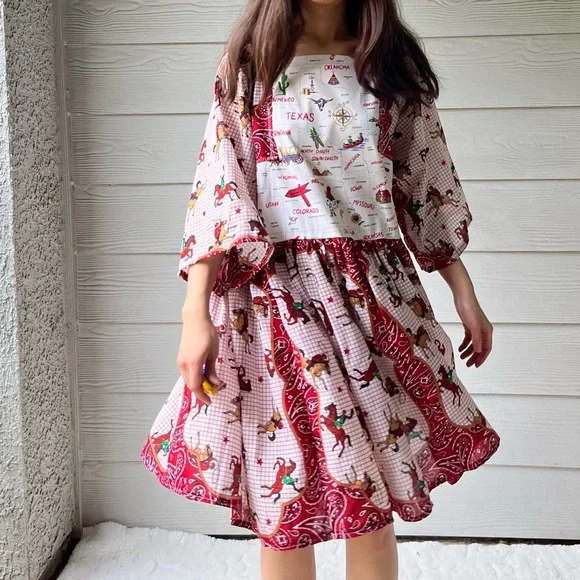 Western Rodeo | US Map | Handmade Bandana Dress SKU 05296 Red/Cowboy - Picture 13 of 16